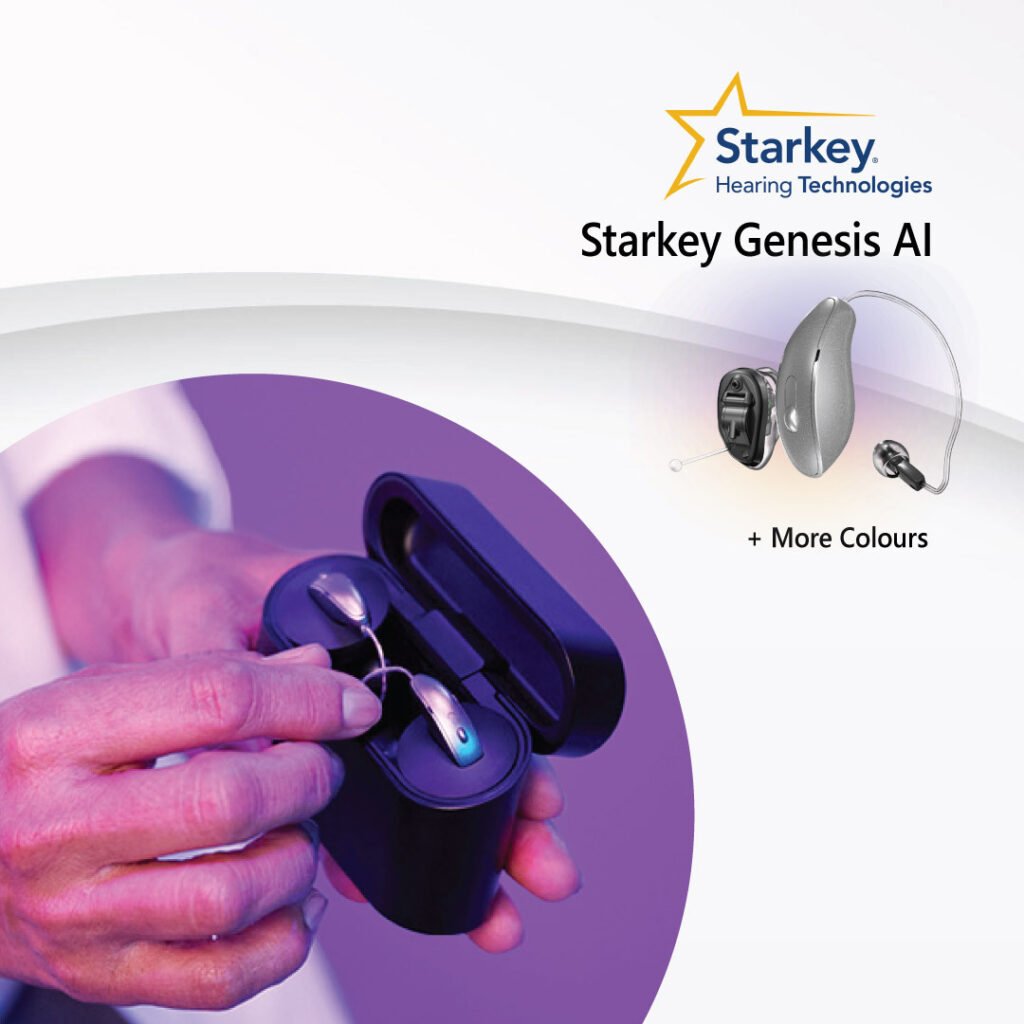 Hands holding the Starkey Genesis AI along with its charging case and text on right side top corner.