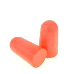 Pair of orange foam earplugs designed for noise reduction and hearing protection in loud environments or for better sleep.