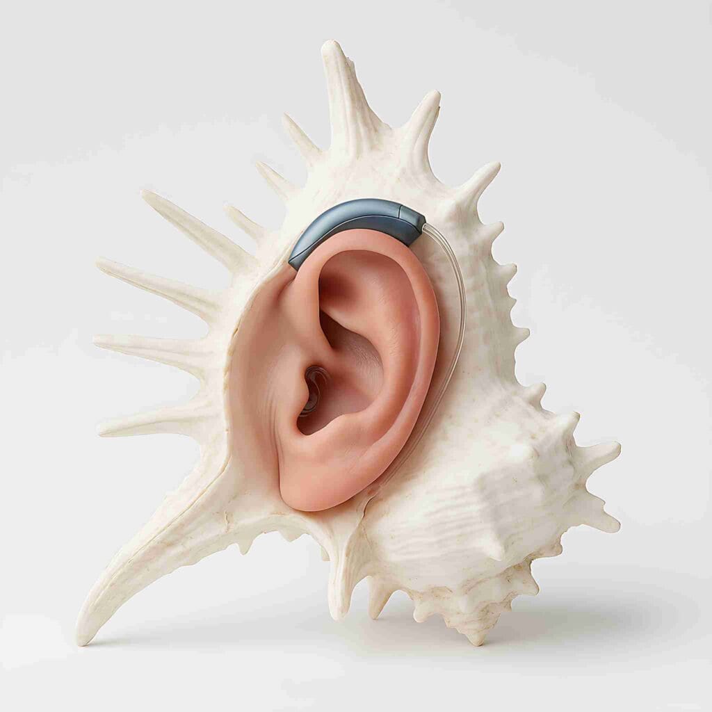 Shell with ear and hearing aid attached.
