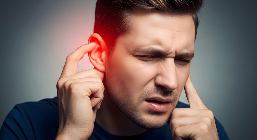 Man holding his ear with red pain point around it.